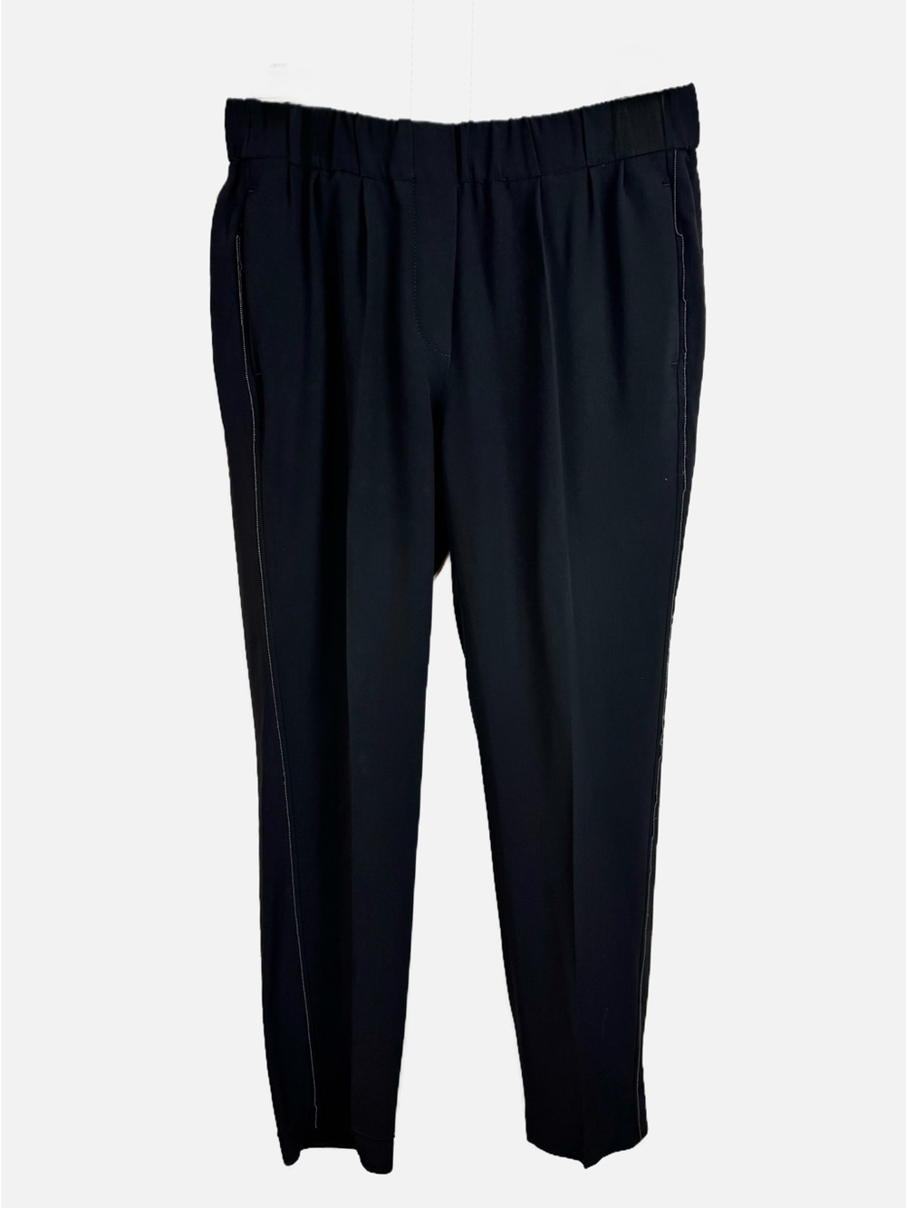 Brunello Cucinelli | Black Pull-On Ankle Pant w Side Monili Chain Link, 6